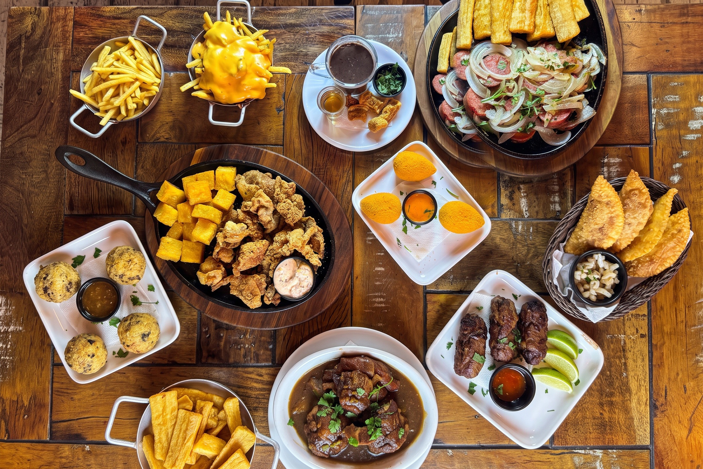 Mesa de rodízio no Velho Rabo com bolinhos, porções e acompanhamentos variados